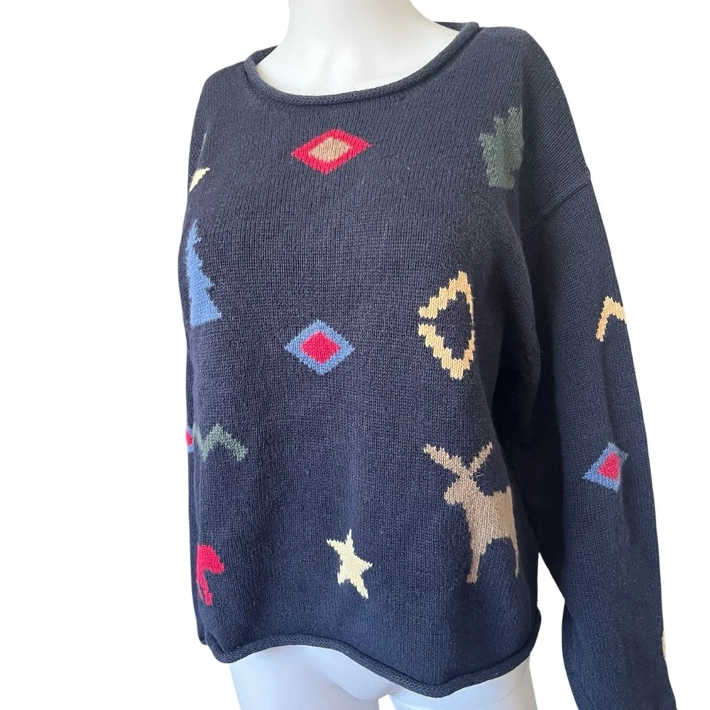 Vintage Y2K Knit Sweater Navy Blue Moose Moon Outdoor Womens Size Large L - Picture 6 of 10
